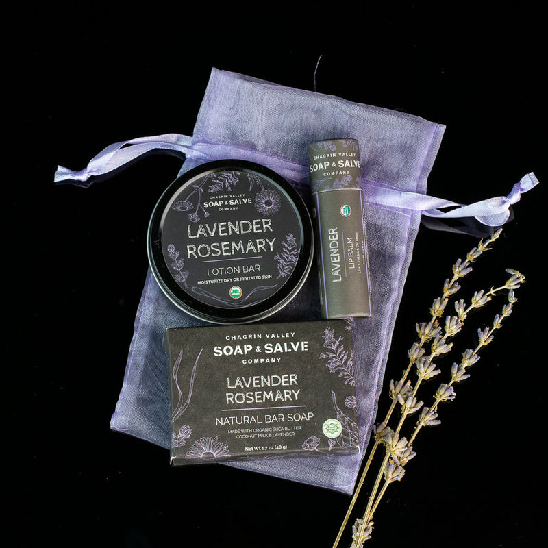 Chagrin Valley Soap & Salve Gift: Soap Sample with Lip Balm & Lotion Bar Gift Dark Gray Lavender Theme