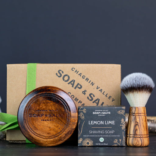 Chagrin Valley Soap & Salve Gift: Wood Shaving Gift Set Gift Dark Slate Gray with Lemon Lime Shave Soap