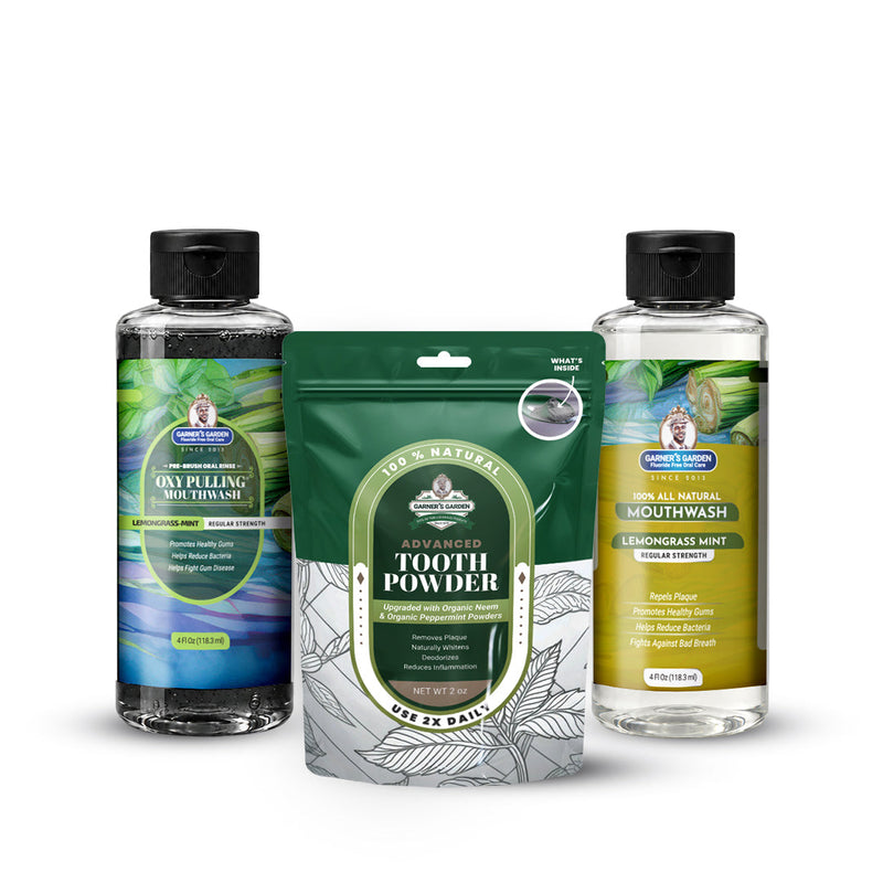 Garner's Garden Travel Sized Oral Care Trio | Trio | H2O2 | Fluoride Free Oral Care White Smoke Lemongrassmint / 4oz Rinses / Regular Strength + 2oz Organic Tooth Powder