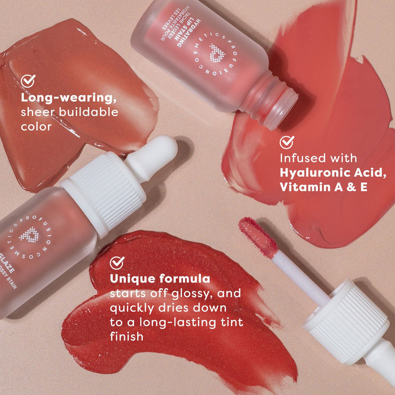 Profusion Cosmetics Lip Glaze Hydrating Lip Stain Lips Rosy Brown Maple Glaze,Strawberry Glaze,Cherry Glaze,Peach Glaze,Lychee Glaze,Raspberry Glaze,Blackberry Glaze
