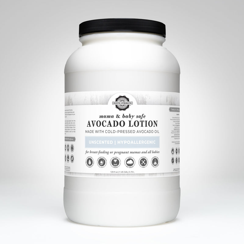Rustic Strength Avocado Lotion | Mama + Baby Safe Lotion White Smoke Gallon Jar Plastic