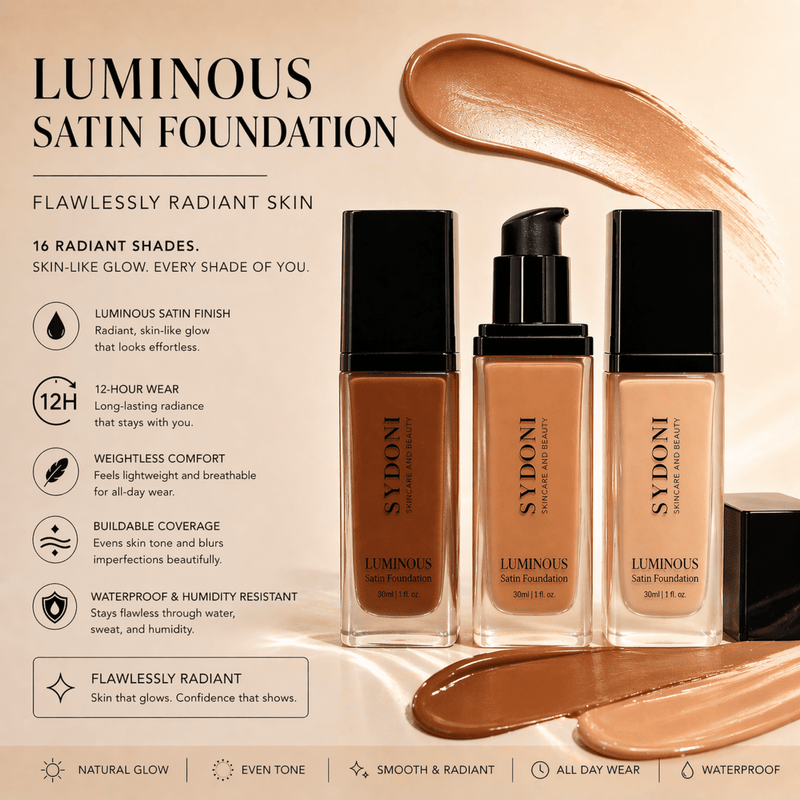 Sydoni Skincare and Beauty SYDONI LUMINOUS SATIN FOUNDATION – Radiant Skin, Smooth Perfection 30ml 1 fl. oz (16 Shades) Foundation Light Gray F145-Deep rich with neutral cool undertone,F140-Deep rich with warm neutral undertones,F133-Rich with warm golden undertone,F128-Rich with neutral cool undertone,F125-Medium rich with warm golden undertone,F123-Medium rich with cool neutral undertones,F12