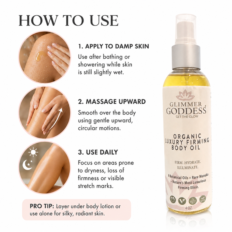 Glimmer Goddess® Organic Skin Care Organic Luxury Firming Body Oil – Anti-Aging Treatment Body Oil White Smoke