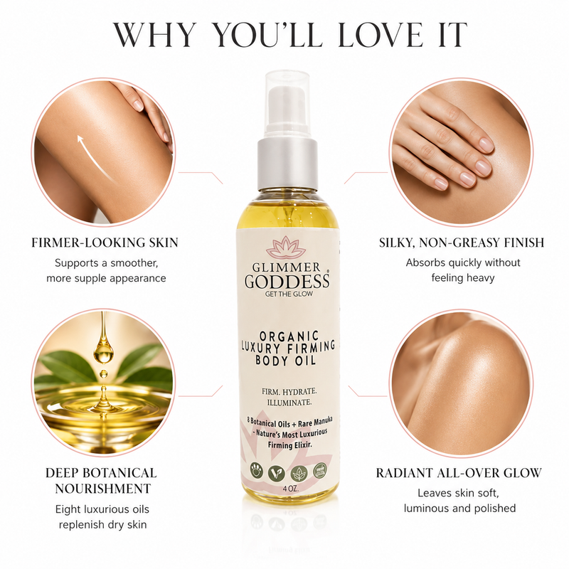 Glimmer Goddess® Organic Skin Care Organic Luxury Firming Body Oil – Anti-Aging Treatment Body Oil White Smoke