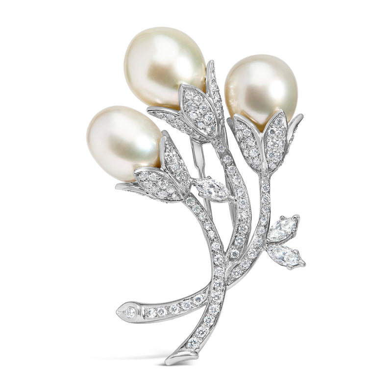 Bids.com 18K White Gold 2 1/5 Cttw Diamond and South Sea Pearl Floral Brooch Pin (G-H Color, VS1-VS2 Clarity) Accessories White Smoke White.Gold / 2.25