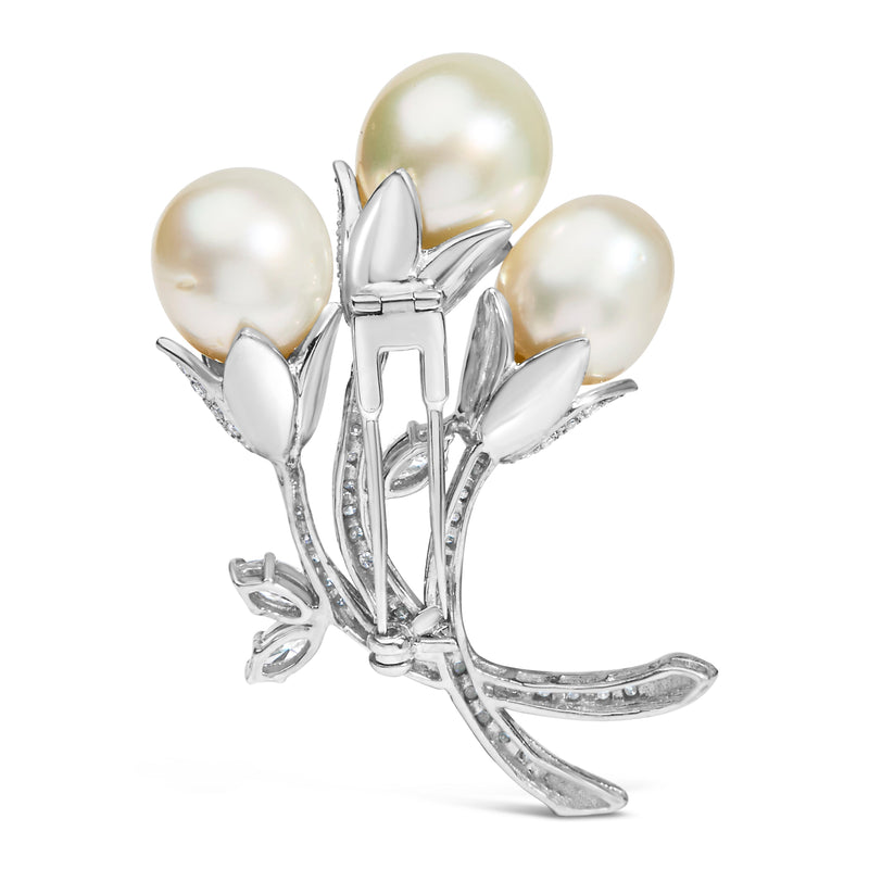 Bids.com 18K White Gold 2 1/5 Cttw Diamond and South Sea Pearl Floral Brooch Pin (G-H Color, VS1-VS2 Clarity) Accessories White Smoke White.Gold / 2.25