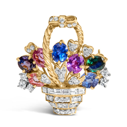 Bids.com 18K Yellow Gold 1 1/10 Cttw Diamond and Mixed Gemstone Floral Bouquet Pendant and Brooch Pin (G-H Color, VS1-VS2 Clarity) Accessories White Smoke Yellow.Gold / 1.1
