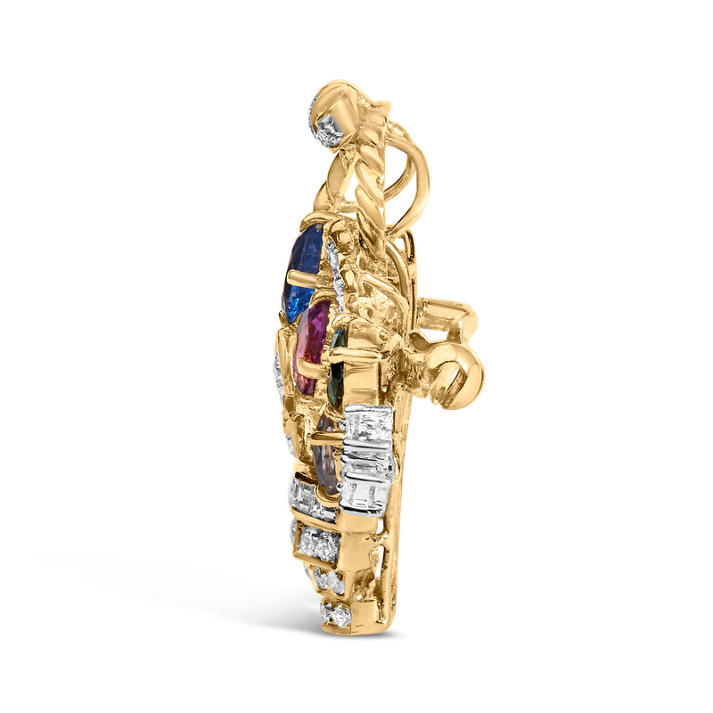 Bids.com 18K Yellow Gold 1 1/10 Cttw Diamond and Mixed Gemstone Floral Bouquet Pendant and Brooch Pin (G-H Color, VS1-VS2 Clarity) Accessories White Smoke Yellow.Gold / 1.1