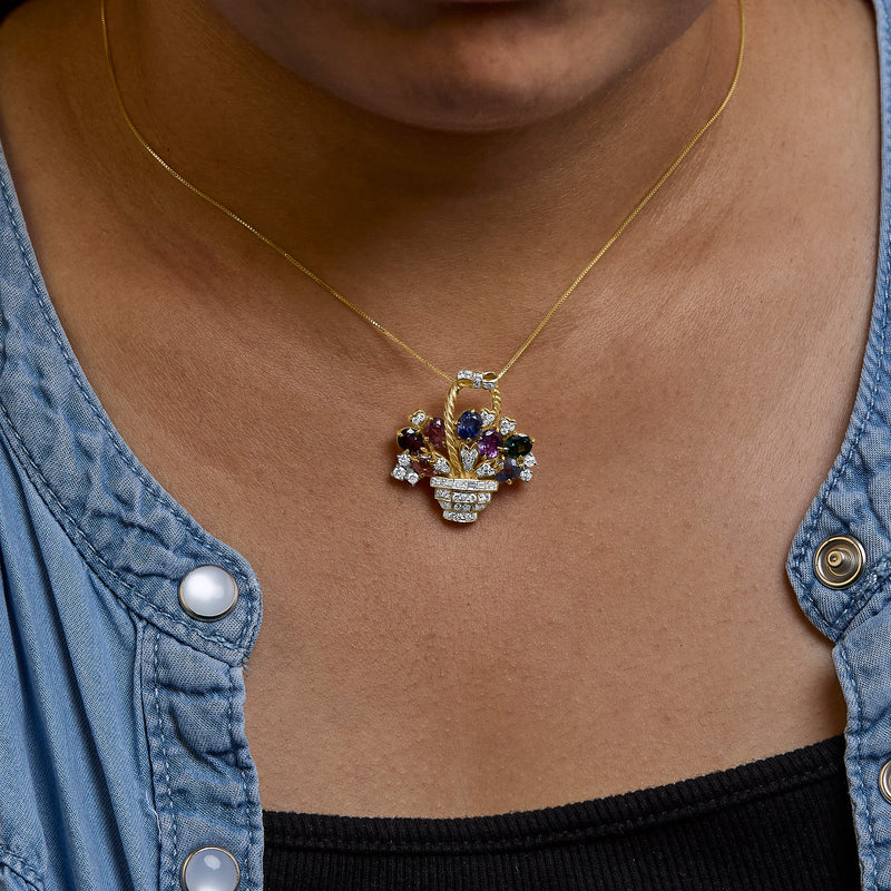 Bids.com 18K Yellow Gold 1 1/10 Cttw Diamond and Mixed Gemstone Floral Bouquet Pendant and Brooch Pin (G-H Color, VS1-VS2 Clarity) Accessories Sienna Yellow.Gold / 1.1