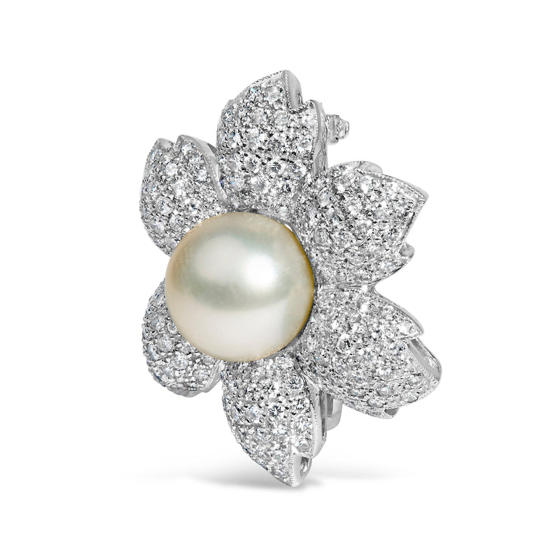 Bids.com 18K White Gold 2 3/4 Cttw Diamond and 12.5 MM Cultured Freshwater Pearl Floral Brooch Pin (G-H Color, VS1-VS2 Clarity) Accessories White Smoke White.Gold / 2.81