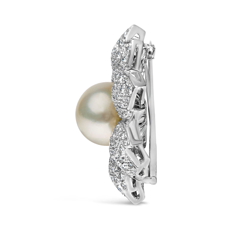Bids.com 18K White Gold 2 3/4 Cttw Diamond and 12.5 MM Cultured Freshwater Pearl Floral Brooch Pin (G-H Color, VS1-VS2 Clarity) Accessories White Smoke White.Gold / 2.81
