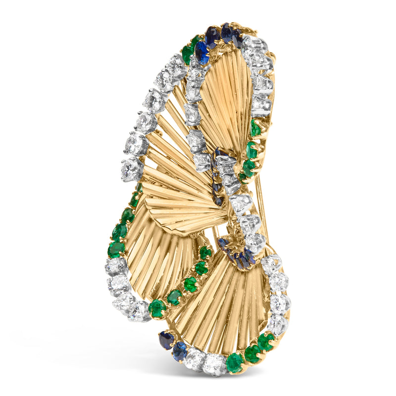 Bids.com 18K Yellow Gold 2 1/3 Cttw Diamond, Sapphire, and Emerald Sculpted Petal Brooch Pin (G-H Color, VS1-VS2 Clarity) Accessories White Smoke Yellow.Gold / 2.3