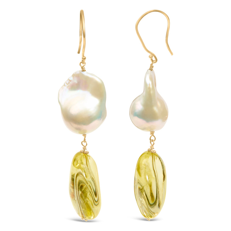 Bids.com 14K Yellow Gold Citrine and Baroque Pearl Drop and Dangle Earrings 1 3/4 Inch Dangle Earrings White Smoke Yellow.Gold