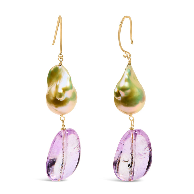 Bids.com 14K Yellow Gold Amethyst and Baroque Pearl Drop and Dangle Earrings 2" Inch Dangle Length Earrings White Smoke Yellow.Gold