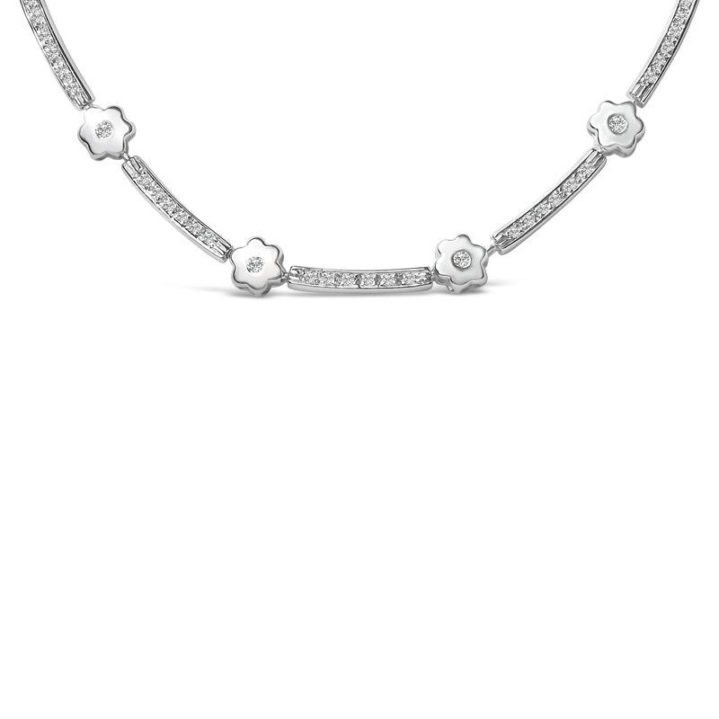 Bids.com 14K White Gold 1.0 Cttw Diamond Flower and Bar Station Necklace Necklaces White Smoke White.Gold / 17