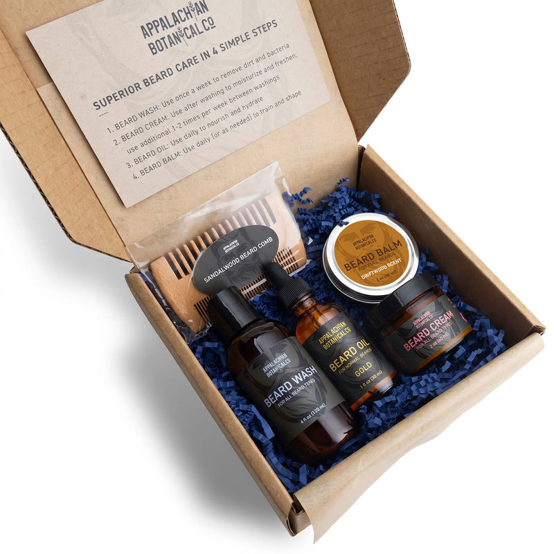 Appalachian Botanical Co. Complete Beard Care Kit Shaving & Grooming Gift Set White Smoke Gold / Driftwood Scent