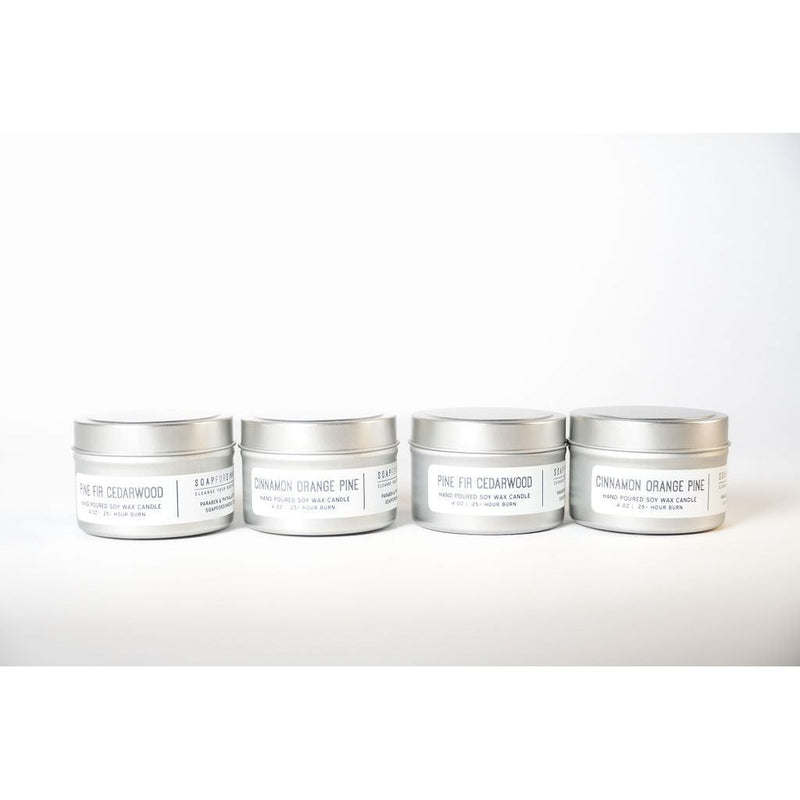 Soap for Sinners Candle Tin Candle White Smoke Basil & Herb,Bamboo,Bergamont,campfire,Cinnamon Pine Orange,Garden Mint,Magnolia,Mahogany,Pine and Fir Needle with Cedarwood,Red Birch,Rosewater,Sandalwood,Tobacco,Willow,Cinnamon Orange Pine,Pine & Fir Needle with Cedarwood