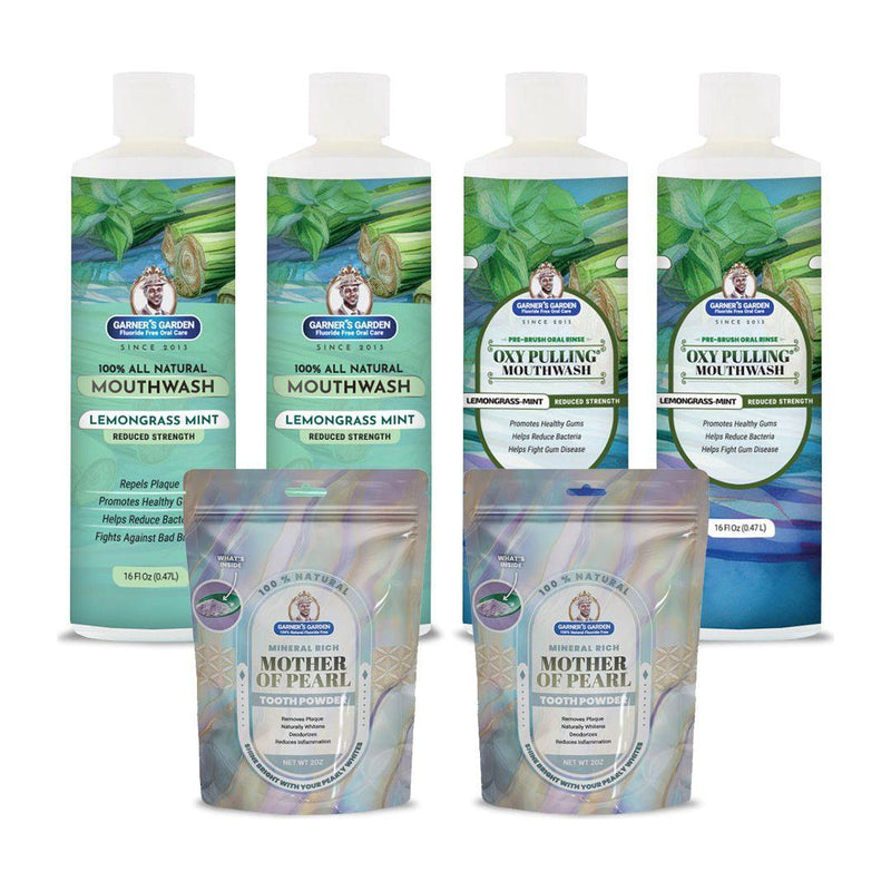 Garner's Garden 2 Pack Oral Care Package | Trio | H2O2 | Fluoride Free Packages White Smoke 2 x 16oz Reduced Lemongrassmint Mouthwash & Oxy Pulling / 2 x 2oz Mother of Pearl Tooth Powder