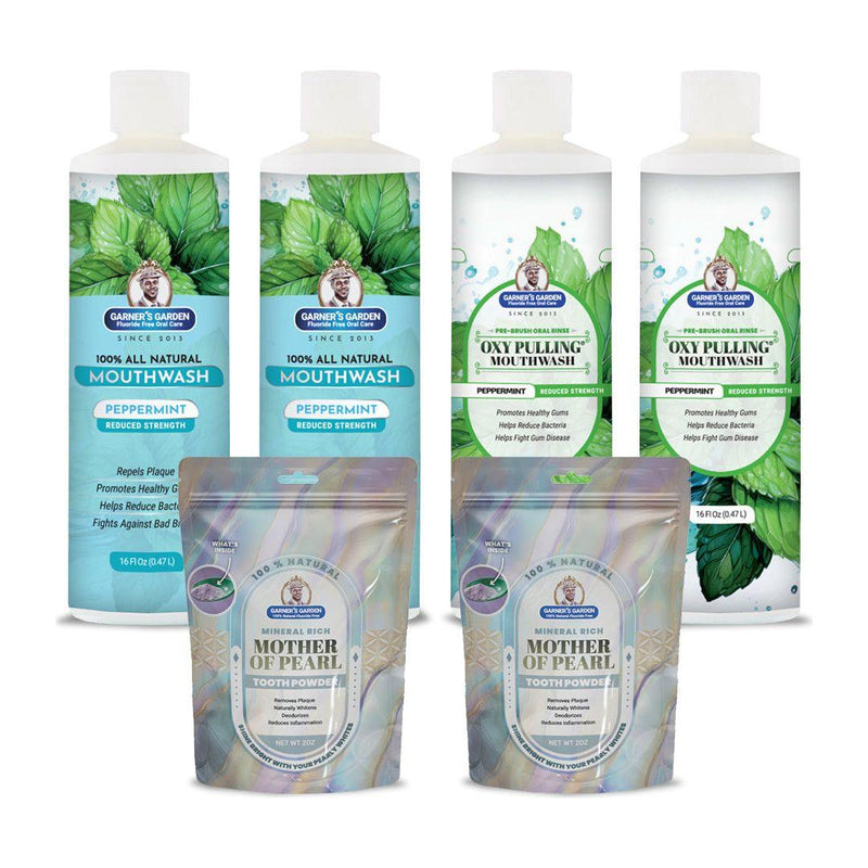 Garner's Garden 2 Pack Oral Care Package | Trio | H2O2 | Fluoride Free Packages White Smoke 2 x 16oz Reduced Peppermint Mouthwash & Oxy Pulling / 2 x 2oz Mother of Pearl Tooth Powder