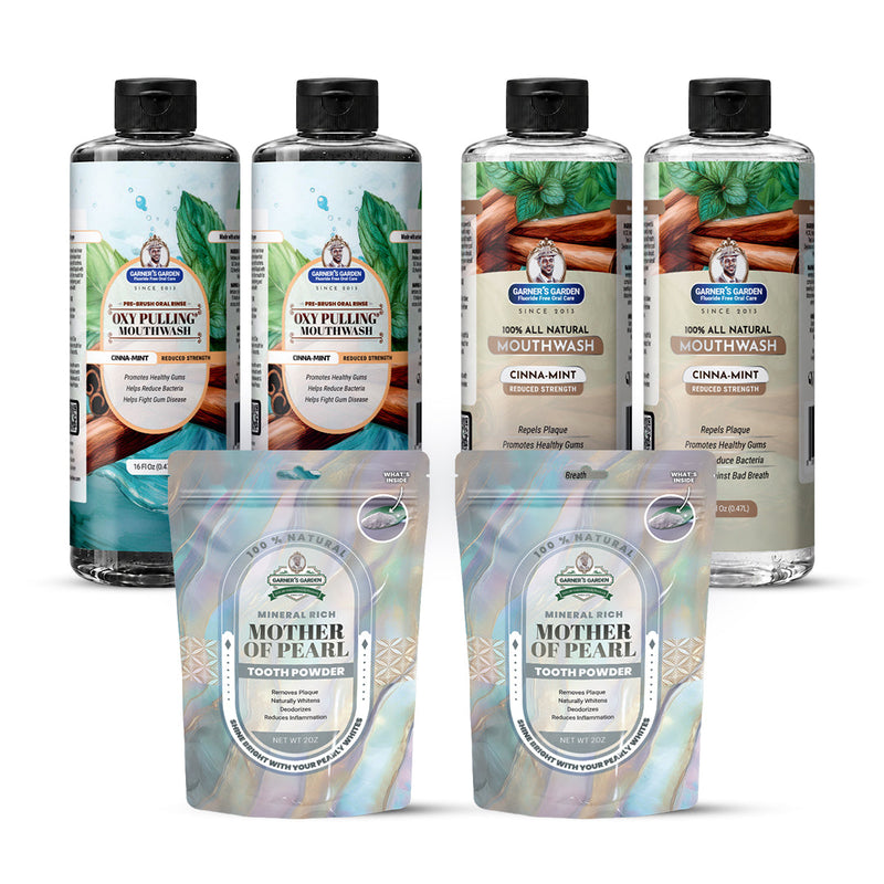 Garner's Garden 2 Pack Oral Care Package | Trio | H2O2 | Fluoride Free Packages White Smoke 2 x 16oz Reduced Cinnamint Mouthwash & Oxy Pulling / 2 x 2oz Mother of Pearl Tooth Powder