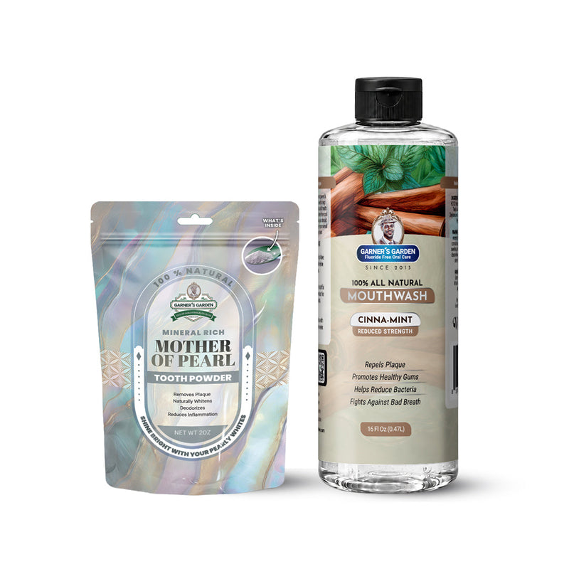 Garner's Garden Natural Mouthwash and Tooth Powder | H2O2 | Antibacterial Fluoride-Free Mouthwash White Smoke 16 oz Reduced Cinnamint Mouthwash / 2oz Mother of Pearl Tooth Powder