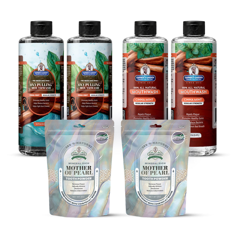 Garner's Garden 2 Pack Oral Care Package | Trio | H2O2 | Fluoride Free Packages White Smoke 2 x 16oz Regular Cinnamint Mouthwash & Oxy Pulling / 2 x 2oz Mother of Pearl Tooth Powder
