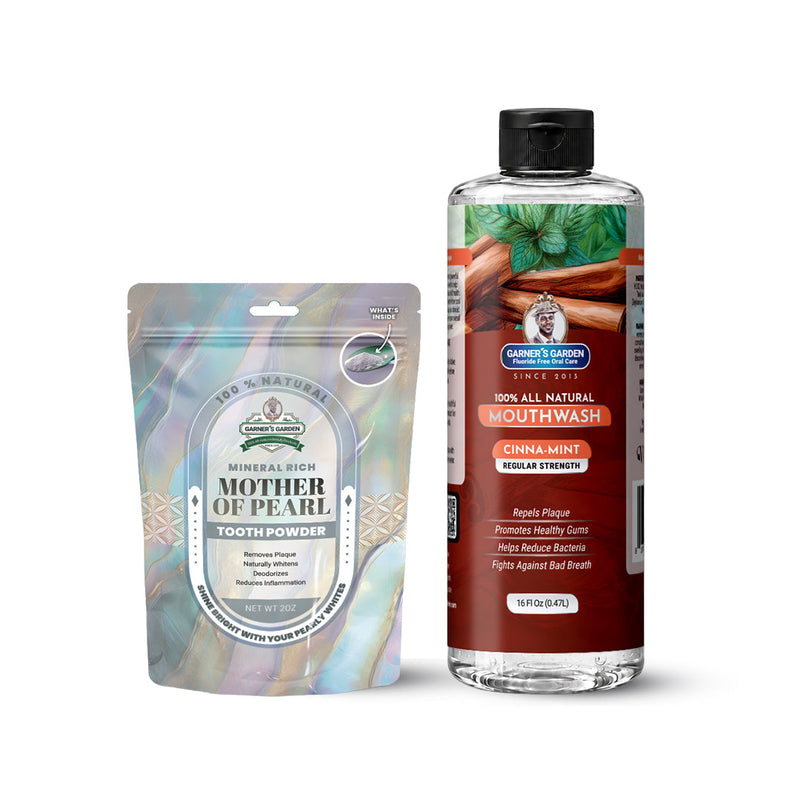 Garner's Garden Natural Mouthwash and Tooth Powder | H2O2 | Antibacterial Fluoride-Free Mouthwash White Smoke 16 oz Regular Cinnamint Mouthwash / 2oz Mother of Pearl Tooth Powder