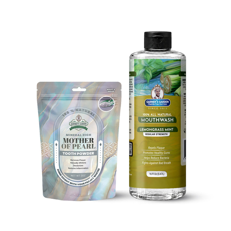Garner's Garden Natural Mouthwash and Tooth Powder | H2O2 | Antibacterial Fluoride-Free Mouthwash White Smoke 16 oz Regular Lemongrassmint Mouthwash / 2oz Mother of Pearl Tooth Powder