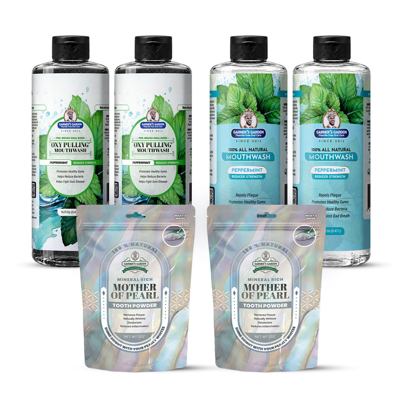 Garner's Garden 2 Pack Oral Care Package | Trio | H2O2 | Fluoride Free Packages White Smoke 2 x 16oz Reduced Peppermint Mouthwash & Oxy Pulling / 2 x 2oz Chlorophyll Tooth Powder