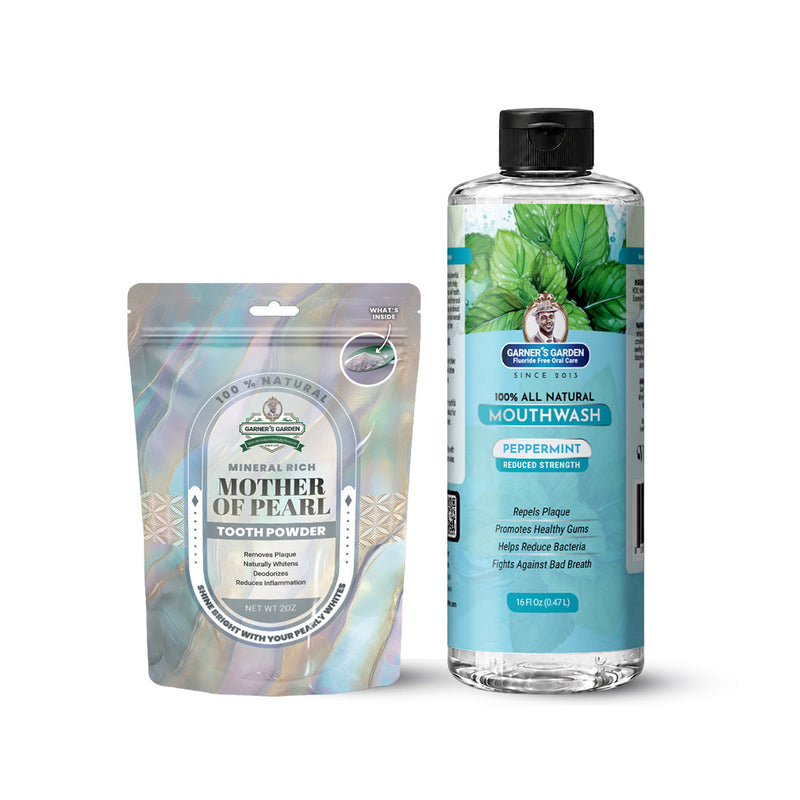Garner's Garden Natural Mouthwash and Tooth Powder | H2O2 | Antibacterial Fluoride-Free Mouthwash White Smoke 16 oz Reduced Peppermint Mouthwash / 2oz Mother of Pearl Tooth Powder