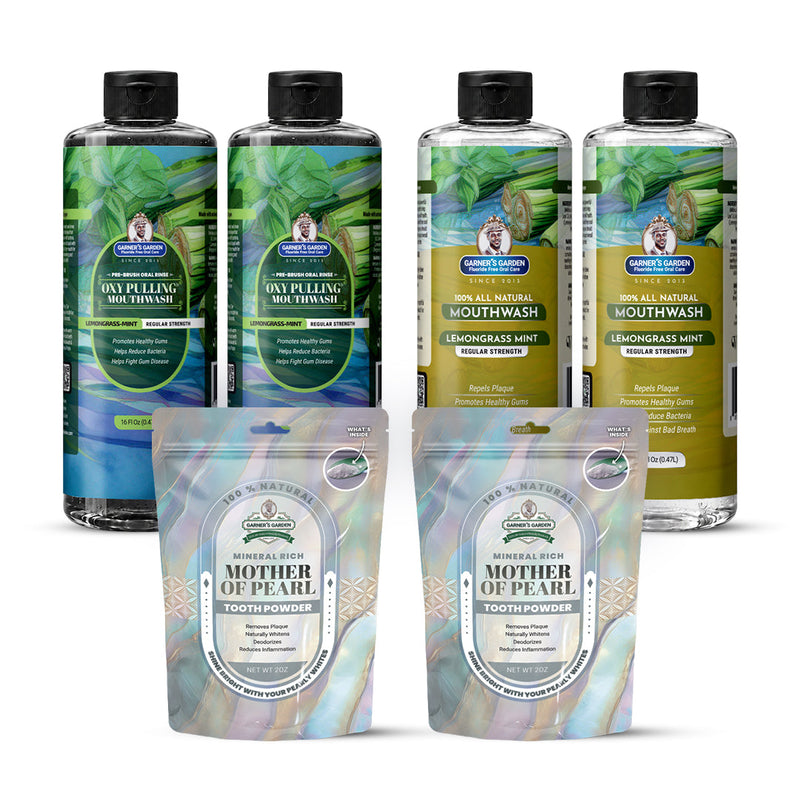Garner's Garden 2 Pack Oral Care Package | Trio | H2O2 | Fluoride Free Packages White Smoke 2 x 16oz Regular Lemongrassmint Mouthwash & Oxy Pulling / 2 x 2oz Mother of Pearl Tooth Powder