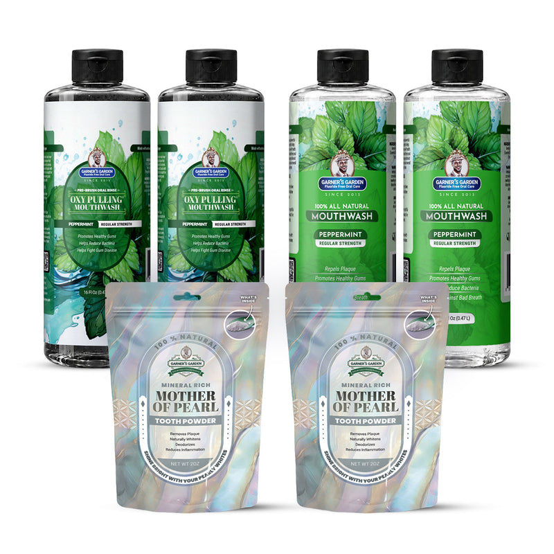 Garner's Garden 2 Pack Oral Care Package | Trio | H2O2 | Fluoride Free Packages White Smoke 2 x 16oz Regular Peppermint Mouthwash & Oxy Pulling / 2 x 2oz Mother of Pearl Tooth Powder