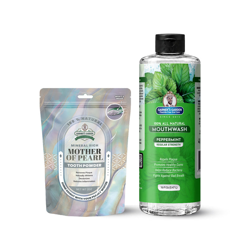 Garner's Garden Natural Mouthwash and Tooth Powder | H2O2 | Antibacterial Fluoride-Free Mouthwash White Smoke 16 oz Regular Peppermint Mouthwash / 2oz Mother of Pearl Tooth Powder