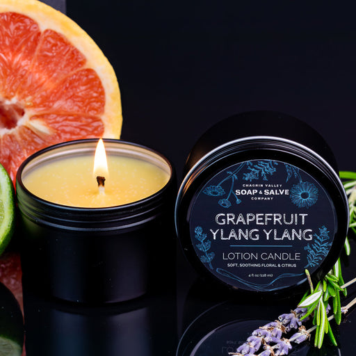 Chagrin Valley Soap & Salve Body & Massage Candle: Grapefruit Ylang Ylang Massage Candle Dark Salmon 4 fl oz Tin