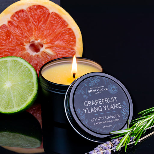 Chagrin Valley Soap & Salve Body & Massage Candle: Grapefruit Ylang Ylang Massage Candle Black 4 fl oz Tin