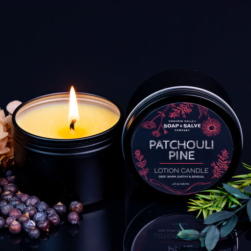 Chagrin Valley Soap & Salve Body & Massage Candle: Patchouli Pine Massage Candle Black 4 fl oz Tin