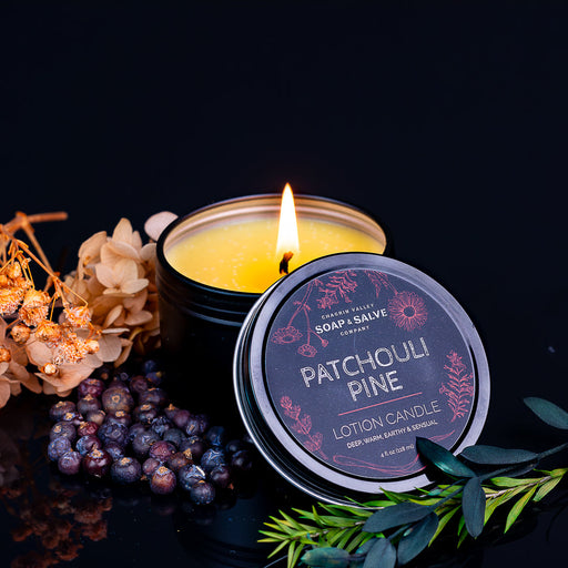 Chagrin Valley Soap & Salve Body & Massage Candle: Patchouli Pine Massage Candle Black 4 fl oz Tin