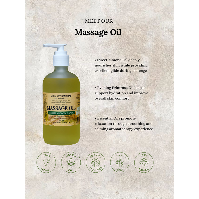 MION Artisan Soap Co. Massage Oils | 4 Scents Light Gray RELAXING & CALMING,CITRUS BLOSSOM,SPICED CITRUS,SOOTHING WOODLANDS