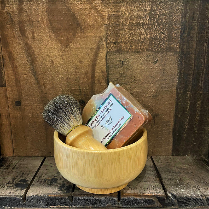 Soaplicity Men's Shaving Sets in Bamboo Men's Shaving Sets Dark Olive Green Bamboo Set w/ Crisp Shaving Soap,Bamboo Set w/ Redwood Shaving Soap,Bamboo Set w/ Dark Matter Shaving Soap,Bamboo Set w/ Unscented Shaving Soap,Bamboo Set w/ Voodoo Shaving Soap,Bamboo Set w/ Sampler Set