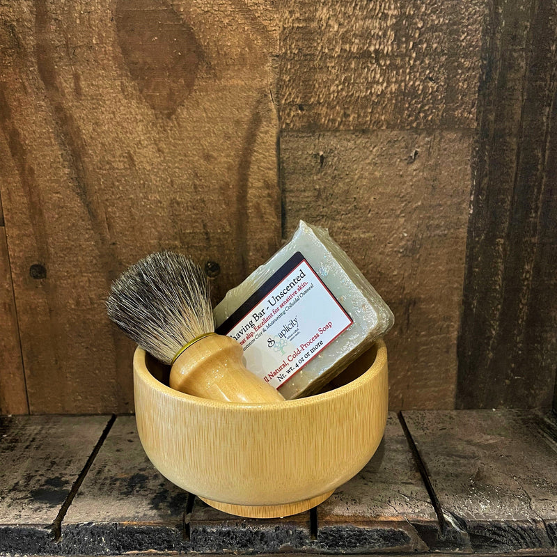 Soaplicity Men's Shaving Sets in Bamboo Men's Shaving Sets Dark Olive Green Bamboo Set w/ Crisp Shaving Soap,Bamboo Set w/ Redwood Shaving Soap,Bamboo Set w/ Dark Matter Shaving Soap,Bamboo Set w/ Unscented Shaving Soap,Bamboo Set w/ Voodoo Shaving Soap,Bamboo Set w/ Sampler Set