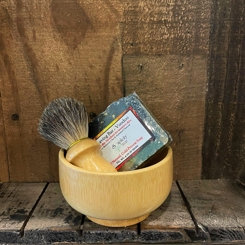 Soaplicity Men's Shaving Sets in Bamboo Men's Shaving Sets Dark Olive Green Bamboo Set w/ Crisp Shaving Soap,Bamboo Set w/ Redwood Shaving Soap,Bamboo Set w/ Dark Matter Shaving Soap,Bamboo Set w/ Unscented Shaving Soap,Bamboo Set w/ Voodoo Shaving Soap,Bamboo Set w/ Sampler Set