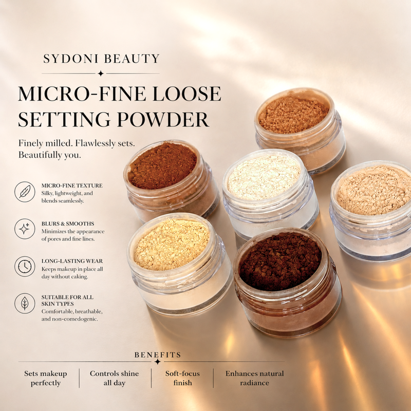 Sydoni Skincare and Beauty SYDONI LUXURY MICR0-FINE LOOSE POWDER | Perfect Your Complexion .74 OZ. (6 SHADES) Loose Powder Light Gray Dark Chocolate-Cool rich dark brown,Brown Ochre-Rich cool brown,Butternut-Warm deep caramel brown,Bamboo-Warm golden beige,Neutral-Cool neutral beige,Transparent-Sheer invisible