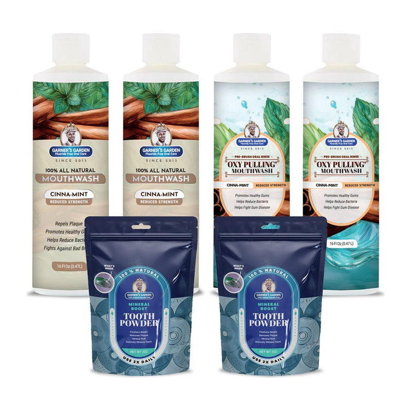 Garner's Garden 2 Pack Oral Care Package | Trio | H2O2 | Fluoride Free Packages White Smoke 2 x 16oz Reduced Cinnamint Mouthwash & Oxy Pulling / 2 x 2oz Regular Tooth Powder