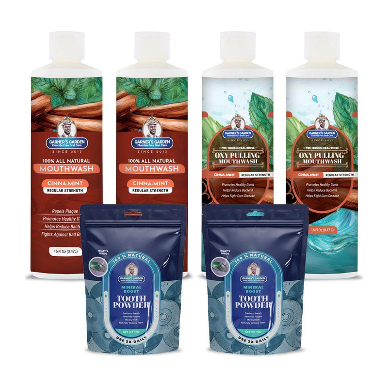 Garner's Garden 2 Pack Oral Care Package | Trio | H2O2 | Fluoride Free Packages White Smoke 2 x 16oz Regular Cinnamint Mouthwash & Oxy Pulling / 2 x 2oz Regular Tooth Powder
