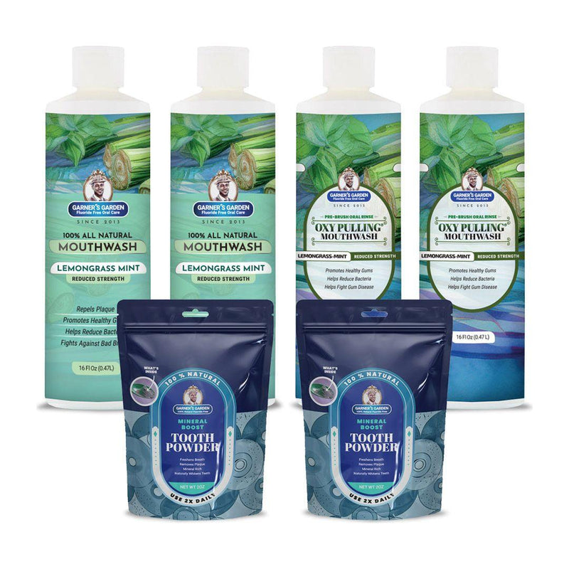 Garner's Garden 2 Pack Oral Care Package | Trio | H2O2 | Fluoride Free Packages White Smoke 2 x 16oz Reduced Lemongrassmint Mouthwash & Oxy Pulling / 2 x 2oz Regular Tooth Powder