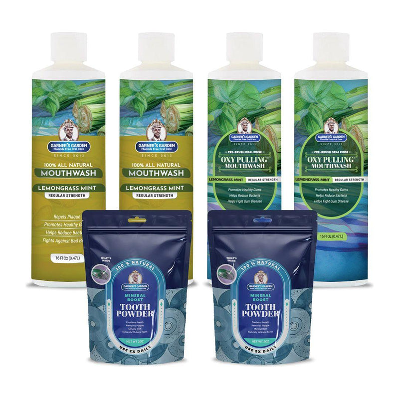 Garner's Garden 2 Pack Oral Care Package | Trio | H2O2 | Fluoride Free Packages White Smoke 2 x 16oz Regular Lemongrassmint Mouthwash & Oxy Pulling / 2 x 2oz Regular Tooth Powder