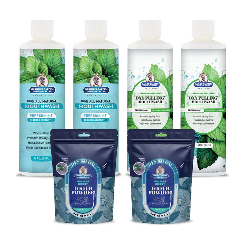 Garner's Garden 2 Pack Oral Care Package | Trio | H2O2 | Fluoride Free Packages White Smoke 2 x 16oz Reduced Peppermint Mouthwash & Oxy Pulling / 2 x 2oz Regular Tooth Powder