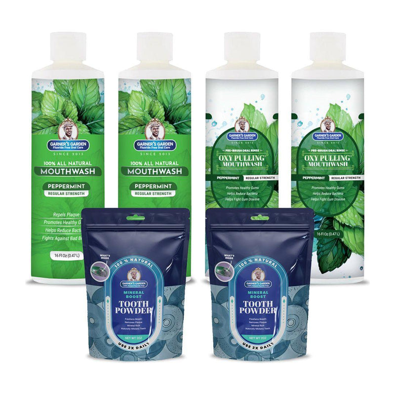 Garner's Garden 2 Pack Oral Care Package | Trio | H2O2 | Fluoride Free Packages White Smoke 2 x 16oz Regular Peppermint Mouthwash & Oxy Pulling / 2 x 2oz Regular Tooth Powder