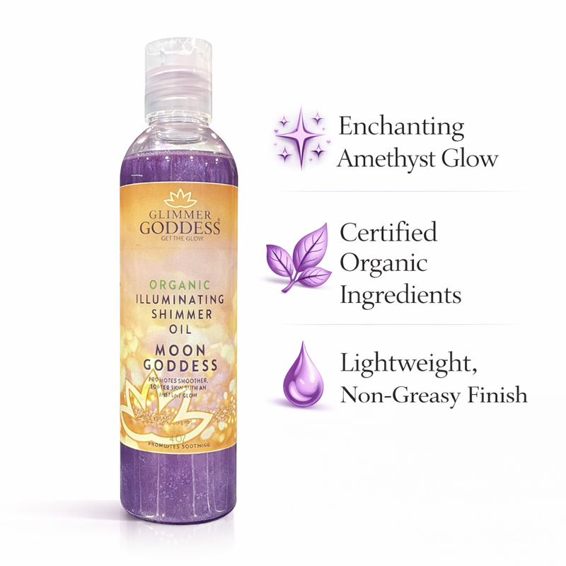 Glimmer Goddess® Organic Skin Care Organic Shimmer Body Oil for a Soft, Non-Greasy Body Glow Shimmer White Smoke Purple Moon — Best for cool iridescent glow and night-out looks