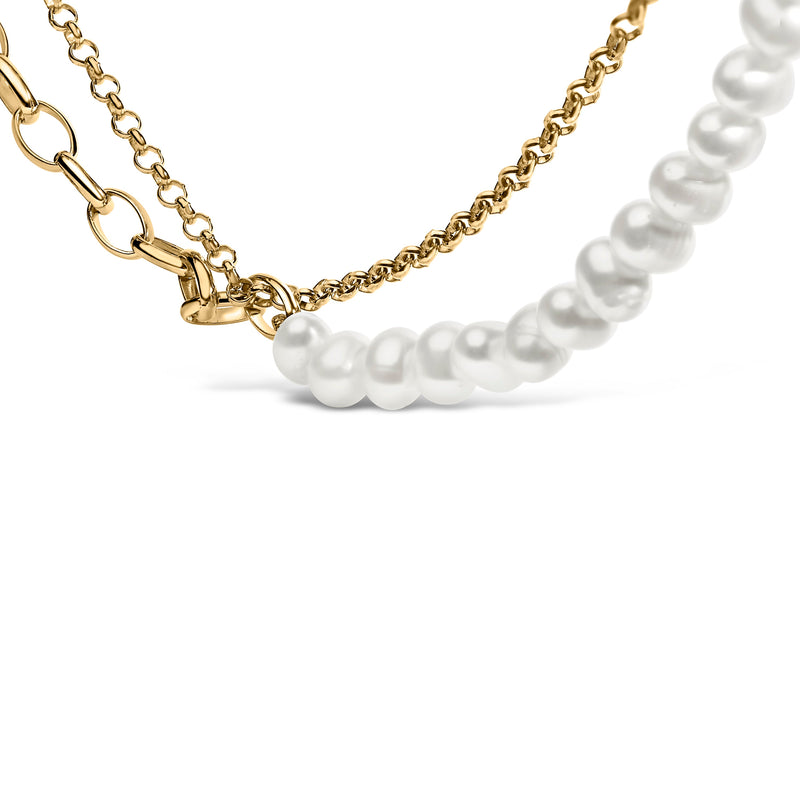 Bids.com 18K Yellow Gold Vermeil Cultured Pearl Strand Necklace with Rolo and Paperclip Chain Necklaces White Smoke Yellow.Sterling Silver / 18